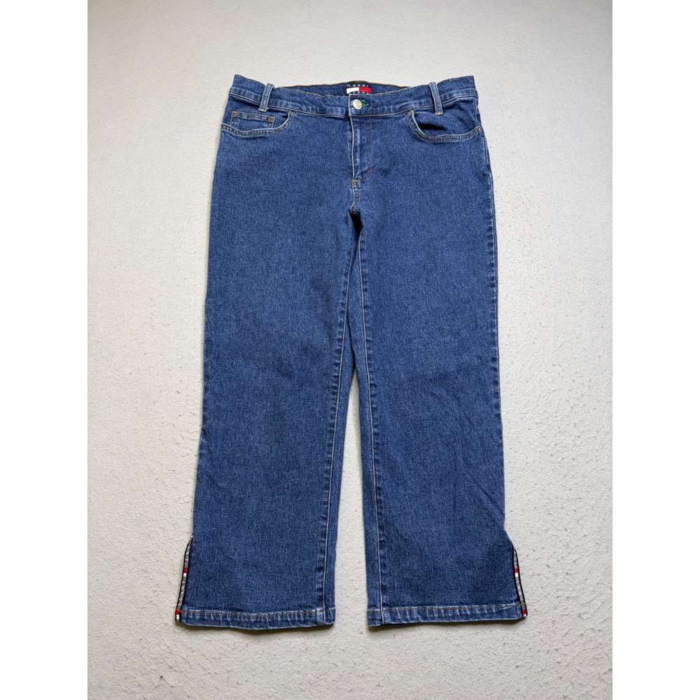 Tommy Jeans Denim Pants Womens 13 Blue Y2K Logo Tape Side Slit Straight Leg